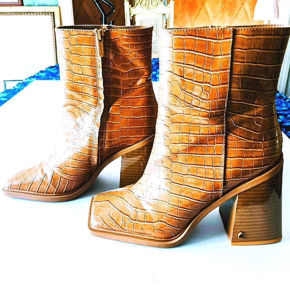 SAM Edelman Circus Layla Square Toe Block Heel Zip-Up Bootie Caramel Size 10 - Picture 5 of 8